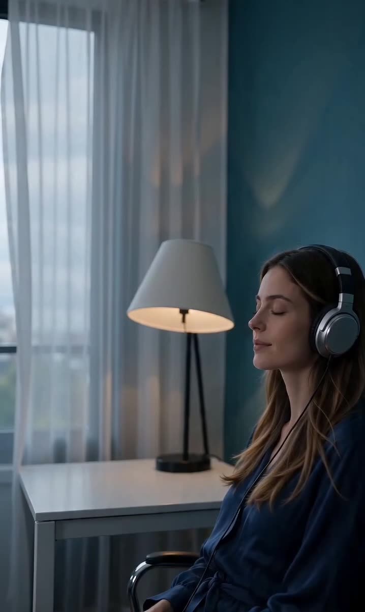 A woman resting with her eyes closed, listening through headphones by a softly lit window